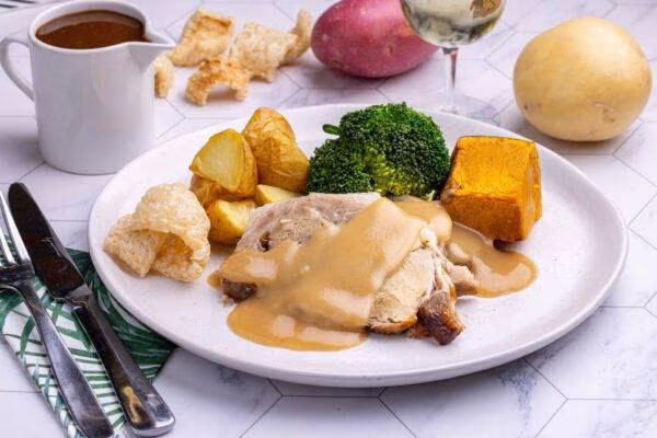 Roast-Pork-Cracking-and-Apple-Sauce-scaled Petite Roast Pork, crackling, apple sauce and vegetables